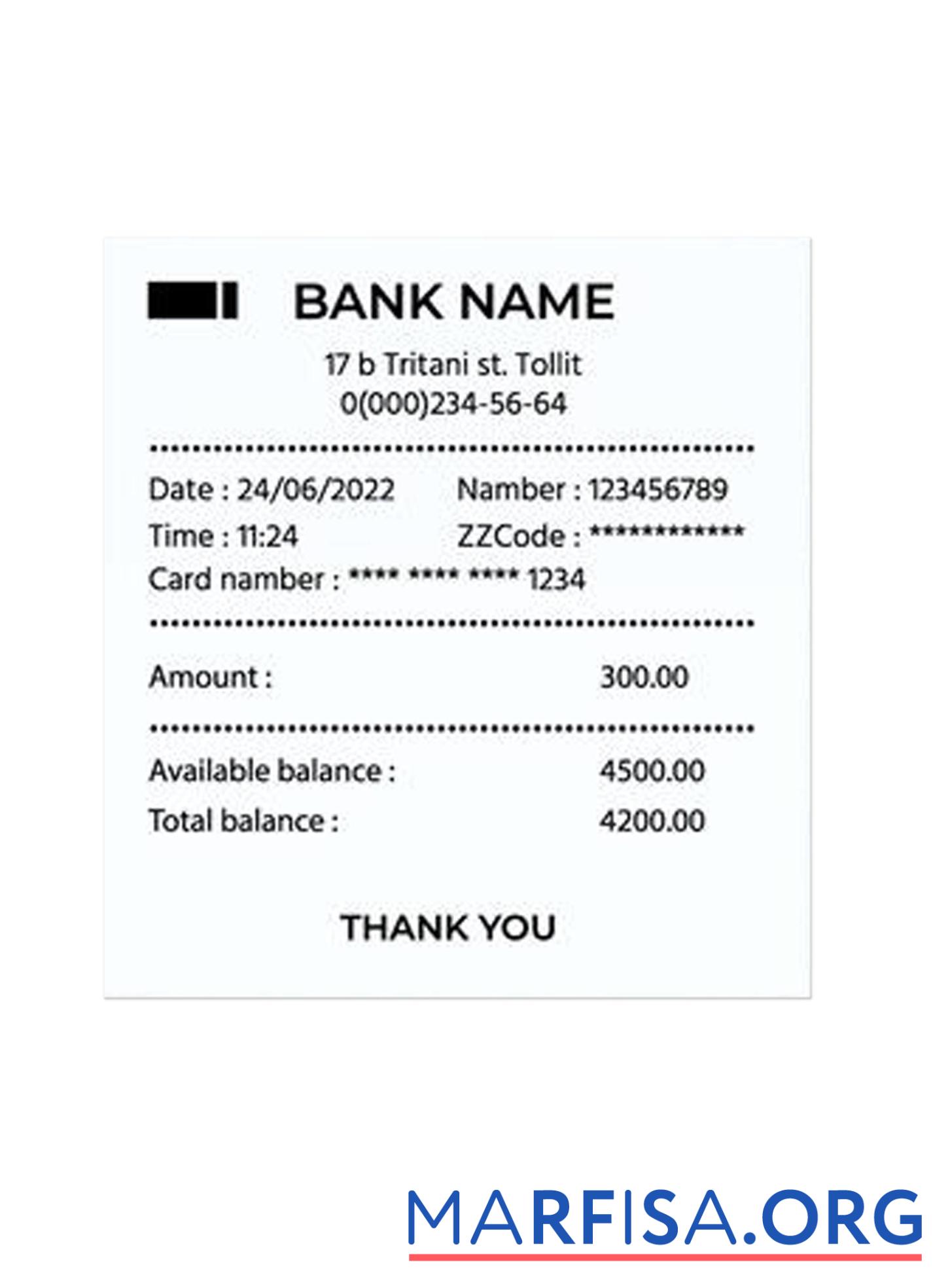 Printable BANK payment receipt sample
